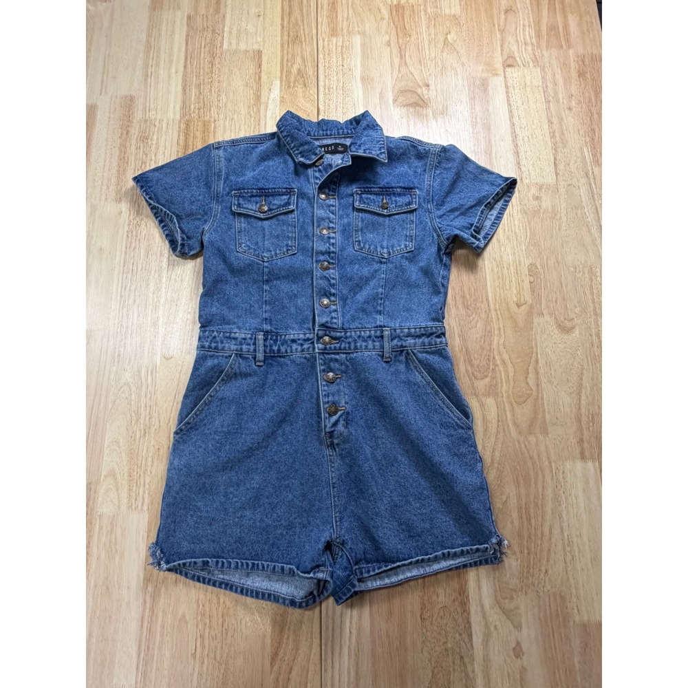 Lioness Blue Denim Romper Short Sleeve Button Up Distressed Hem Playsuit XL